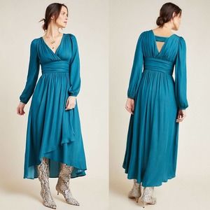 Anthropologie‎ Gwendolyn Turquoise High Low Long Sleeve Boho Maxi Dress Sz 2 NEW